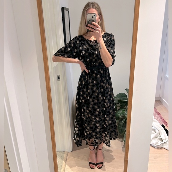 Handmade Velvet Velour Silver Black Polka Dot Maxi Midi Mesh Lined Dress - Picture 3 of 13